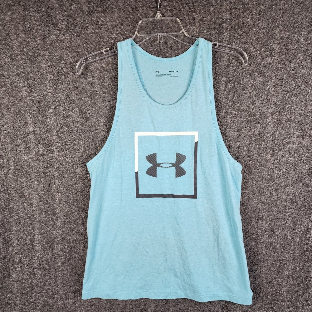Under Armour Tank Top Womens S HeatGear Loose Light Blue Racerback Graphic EUC